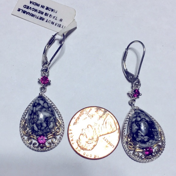 925 silver marked teardrop black agate amethyst hinged back pierced earrings new - Picture 6 of 17